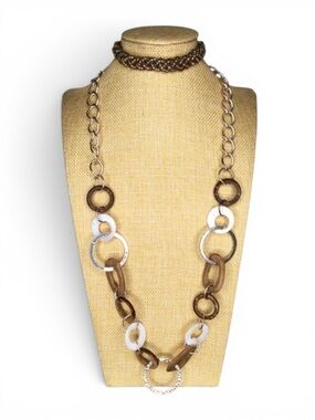Vtg Wood, Mother of Pearl & Resin Silver-Tone Link Necklace & Macramé Bracelet